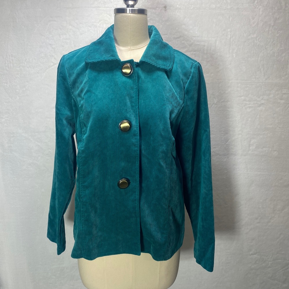 VTG REQUIREMENTS Teal Corduroy Button Front Blazer Jacket Womens Medium Retro‎